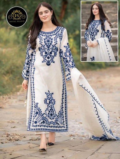 3 Pcs Women's Stitched Organza Embroidered Suit