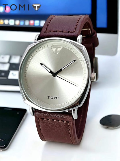 Tomi Watch |Aa1 Quartz Swiss Tomi Made Stylish Watch For Boys And Girls, Leather Strap ,(silver Dial )with Box